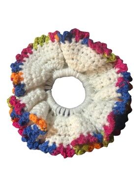 Handmade White Crochet Scrunchie with Multicolor Ruffle Trim